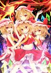  adapted_costume bare_arms blonde_hair bloomers clone crop_top erihiro fang flandre_scarlet four_of_a_kind_(touhou) frilled_skirt frills hand_on_own_face hat head_on_head highres laevatein looking_at_viewer looking_back midriff mob_cap navel one_eye_closed open_mouth outstretched_arms red_eyes shirt side_ponytail skirt skirt_set sleeveless sleeveless_shirt solo touhou underwear wings wrist_cuffs 