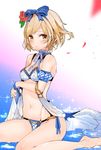  adapted_costume alternate_costume bad_id bad_pixiv_id barefoot bikini blonde_hair blush breasts brown_eyes brown_hair cleavage djeeta_(granblue_fantasy) granblue_fantasy kimi_to_boku_no_mirai looking_at_viewer navel partially_submerged sitting small_breasts solo swimsuit tajima_ryuushi wariza water 