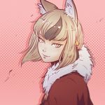  animal_ears bangs blonde_hair blush closed_mouth fire_emblem fire_emblem_if fox_ears fur_trim kinu_(fire_emblem_if) koyorin lipstick looking_at_viewer makeup multicolored_hair pink_background polka_dot polka_dot_background portrait short_hair smile solo tassel watermark web_address yellow_eyes 