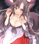 animal_ears bare_shoulders blush breasts brooch brown_hair claw_pose cleavage collarbone dress fang fingernails highres imaizumi_kagerou jewelry large_breasts long_fingernails long_hair long_sleeves looking_at_viewer mugicha_(mugicha0929) nail_polish off_shoulder open_mouth red_eyes shirt skirt smile solo tail touhou traditional_media watercolor_(medium) wide_sleeves wolf_ears wolf_tail 