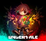  ;) androgynous artist_name black_sclera blood bloody_knife bloody_tears bloody_weapon brown_hair chara_(undertale) copyright_name dripping dual_persona fiery_wings frisk_(undertale) full_body heart knife looking_at_viewer multiple_others one_eye_closed red_eyes shirt shoe_soles shorts smile split_theme spoilers striped striped_shirt sueyen undertale weapon wings 