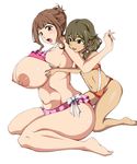  :o arajin_(arazinz) ass belly breast_conscious breast_grab breasts brown_hair fat_folds flat_chest full_body gigantic_breasts grabbing highres huge_ass kazami_torino long_hair meifon_sakura multiple_girls navel nipples open_mouth plump shiny shiny_skin simple_background size_difference smile swimsuit thick_thighs thighs valkyrie_drive white_background yuri 