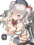  arm_support bare_shoulders beret black_legwear blue_eyes blush breasts cleavage gloves grey_eyes grey_shirt hair_between_eyes hand_on_own_face hat highres holding holding_hair jonsun kantai_collection kashima_(kantai_collection) large_breasts long_hair looking_at_viewer military military_uniform miniskirt no_bra no_panties no_shoes pleated_skirt shirt sidelocks simple_background sitting skindentation skirt solo torn_clothes torn_shirt torn_skirt tsurime turret twintails uniform wariza wavy_hair weapon white_background white_gloves 