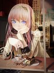  2016 bangs blue_eyes building cafe cake city coffee cup food glass hairband hand_on_own_face head_rest highres holding holding_spoon long_hair long_sleeves looking_away looking_to_the_side megurine_luka okingjo parted_lips pink_hair plate reflection saucer shade signature slice_of_cake solo spoon table transparent vocaloid window 