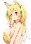  absurdres animal_ears blonde_hair blush breasts fox_ears fox_tail hair_ribbon highres large_breasts long_hair looking_at_viewer n.chagashi nipples nude ocha_(gogonuko) original red_eyes ribbon simple_background smile solo tail two_side_up upper_body white_background 