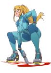  1girl ass blonde_hair blue_bodysuit blue_eyes bodysuit bounty_hunter breasts gun high_ponytail highres impossible_bodysuit impossible_clothes kevvv large_breasts long_hair looking_at_viewer metroid metroid-fusion mole mole_under_mouth nintendo ponytail samus_aran shiny shiny_clothes simple_background skin_tight solo super_smash_bros. super_smash_bros._ultimate weapon zero_suit 