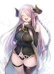  :d ^_^ bare_shoulders black_gloves black_legwear black_panties breasts closed_eyes coat draph elbow_gloves gloves granblue_fantasy hair_ornament hair_over_one_eye highres horns large_breasts long_hair narmaya_(granblue_fantasy) no_pants open_clothes open_coat open_mouth panties pointy_ears shirt silver_hair single_thighhigh smile solo taishi_(picchiridou) thighhighs underwear very_long_hair 