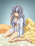  bed_sheet black_eyes bra breasts cleavage collarbone dress_shirt eyebrows eyebrows_visible_through_hair full_body full_metal_panic! hand_in_hair long_hair medium_breasts navel official_art open_clothes open_shirt pillow shirt silver_hair solo teletha_testarossa underwear white_bra white_legwear white_shirt 