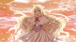  awai_shiro bad_id bad_pixiv_id blonde_hair capelet cloud fairy_tail green_eyes head_wings long_hair long_sleeves looking_at_viewer mavis_vermilion open_mouth shirt skirt sky smile solo sunset very_long_hair wavy_hair 