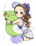  bare_shoulders blue_legwear blush bow brown_eyes brown_hair drooling elbow_pads hair_bow heart hug idolmaster idolmaster_cinderella_girls long_hair looking_at_viewer pina_korata pleated_skirt ponytail seki_hiromi skirt solo spawnfoxy stuffed_toy tank_top visor_cap wavy_hair 