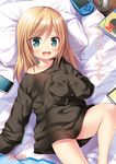  :d aqua_eyes bare_legs bed black_shirt blonde_hair blush cellphone commentary_request handheld_game_console long_hair looking_at_viewer lying off_shoulder on_back open_mouth original oversized_clothes phone pillow playstation_portable shirt sleeves_past_wrists smartphone smile solo sony yukino_minato 