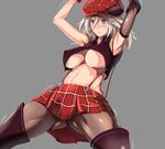  alisa_ilinichina_amiella armpits arms_up ass_visible_through_thighs bad_id bad_pixiv_id blush breasts checkered checkered_skirt elbow_gloves gginin_(bresiya326) gloves god_eater grey_background hair_between_eyes hat large_breasts midriff navel pantyhose parted_lips purple_eyes red_skirt silver_hair simple_background skirt solo spread_legs standing stomach suspenders thighs underboob 