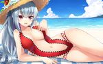  bare_shoulders beach blush breasts center_opening cleavage cloud commentary_request cowboy_shot day hat highres kazami_chiu large_breasts long_hair looking_at_viewer lying navel ocean on_side one-piece_swimsuit open_mouth outdoors puzzle_&amp;_dragons red_eyes red_swimsuit silver_hair sky slingshot_swimsuit smile solo straw_hat sun_hat swimsuit urd_(p&amp;d) very_long_hair water 