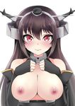  bad_id bad_pixiv_id bangs bare_shoulders black_gloves black_hair blush breasts choker cleavage elbow_gloves eyelashes gloves hair_between_eyes hairband hand_on_own_chest headgear kaetzchen kantai_collection large_breasts looking_at_viewer nagato_(kantai_collection) nipples red_eyes sash simple_background solo upper_body wavy_mouth white_background 