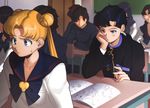  aconitea bad_id bad_pixiv_id bishoujo_senshi_sailor_moon black_hair blonde_hair blue_eyes blue_sailor_collar brooch chin_rest classroom collarbone desk doodle double_bun earrings faceless gakuran hair_tie holding holding_pencil jewelry juuban_high_school_uniform long_hair multiple_girls notebook pencil ponytail purple_eyes ribbon sailor_collar school_desk school_uniform seiya_kou serafuku sweatdrop tsukino_usagi twintails 