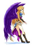  angel_wings blonde_hair boots bracer breasts breath_of_fire breath_of_fire_ii bridal_gauntlets dress full_body green_eyes highres junu knee_boots large_breasts large_wings legs long_hair long_legs nina_(breath_of_fire_ii) no_panties purple_wings side_slit sidelocks solo thighs white_background wings 