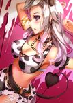  absurdres animal_print bad_id bad_pixiv_id blue_eyes blush breasts cleavage covered_nipples cow_print earrings fairy_tail highres horns jewelry large_breasts long_hair looking_at_viewer mfinale midriff mirajane_strauss navel parted_lips silver_hair solo tail 