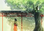  1girl black_hair blunt_bangs broom closed_eyes commentary_request dappled_sunlight highres japanese_clothes long_hair md5_mismatch miko original oweee resolution_mismatch solo source_smaller sunlight tree 