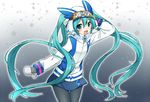  :d arm_up black_legwear blue_eyes blue_hair blue_skirt blush coat gloves goggles goggles_on_head gradient gradient_background hair_between_eyes hand_behind_head hat hatsune_miku long_hair long_sleeves open_mouth pantyhose scarf skirt smile snowflakes snowing solo standing sudachi_(calendar) thigh_gap twintails very_long_hair vocaloid white_gloves winter_clothes winter_coat yuki_miku 