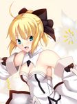  ahoge artoria_pendragon_(all) bare_shoulders blonde_hair bow dress fate/stay_night fate/unlimited_codes fate_(series) green_eyes hair_bow highres open_mouth ponytail saber saber_lily skylader smile solo 