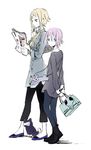  1other androgynous artist_request blonde_hair casual cat crona_(soul_eater) full_body looking_at_viewer medusa_gorgon mother_and_child nail_polish pink_hair ragnarok_(demon_sword) short_hair short_hair_with_long_locks sidelocks soul_eater 