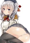  ass bad_id bad_twitter_id beret black_legwear black_skirt blush bow breasts collar collared_shirt double-breasted epaulettes eyebrows eyebrows_visible_through_hair from_behind hat hat_bow kantai_collection kashima_(kantai_collection) kou_mashiro large_breasts looking_at_viewer lying military military_uniform miniskirt on_side panties pantyhose pantyhose_pull pantyshot pleated_skirt red_ribbon ribbon shirt silver_hair simple_background skirt smile solo two_side_up underwear uniform white_background white_panties 