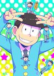  :3 brothers brown_eyes brown_hair closed_eyes double_v formal grin male_focus matsuno_choromatsu matsuno_ichimatsu matsuno_juushimatsu matsuno_karamatsu matsuno_osomatsu matsuno_todomatsu miniboy multiple_boys necktie open_mouth osomatsu-kun osomatsu-san polka_dot polka_dot_background sextuplets siblings smile sousui_hani star suit v 