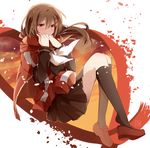  brown_eyes brown_hair hair_ornament hairclip jacket k-rumi kagerou_project long_hair petals red_scarf scarf school_uniform serafuku shoe_dangle solo tateyama_ayano tears track_jacket 