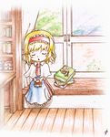  alice_margatroid aris ascot bangs blonde_hair blue_dress blush book book_stack bookshelf capelet closed_eyes dress hairband holding holding_book open_mouth sash shanghai_doll short_hair sitting sleeping table touhou triangle_mouth window wooden_floor 