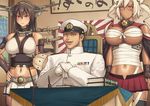  2girls admiral_(kantai_collection) bandages black_legwear blonde_hair book breasts brown_hair budget_sarashi cape chair collar commentary_request crop_top dark_skin desk flag garter_straps gauntlets glasses gloves hand_on_hip hat hotaryuso kantai_collection katana large_breasts long_sleeves map midriff military military_hat military_uniform miniskirt multiple_girls musashi_(kantai_collection) nagato_(kantai_collection) navel red_eyes rising_sun sarashi sitting skirt standing sunburst sword tan thighhighs underboob uniform weapon white_gloves 