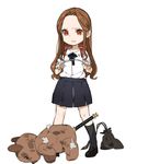  backpack bag brown_eyes brown_hair damaged full_body highres idolmaster idolmaster_cinderella_girls long_hair randoseru ruler school_uniform sidelocks skirt solo spawnfoxy standing stuffed_animal stuffed_toy teddy_bear younger zaizen_tokiko 