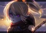  armor blue_skin commentary evening fang_out hair_between_eyes hikarusorano league_of_legends long_hair looking_at_viewer pointy_ears poppy purple_eyes slit_pupils solo_focus twintails white_hair yordle 
