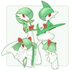  bad_pixiv_id floating gallade gardevoir gen_3_pokemon gen_4_pokemon green_hair hair_over_eyes hand_in_hair kirlia midori_maccha no_humans open_mouth outstretched_arms pokemon pokemon_(creature) ralts red_eyes simple_background smile 