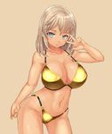  bikini blue_eyes breasts cleavage collarbone kabocha_head large_breasts looking_at_viewer navel original short_hair silver_hair simple_background smile solo swimsuit v yellow_bikini 