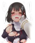  admiral_(kantai_collection) black_hair blush breasts brown_eyes commentary_request crying crying_with_eyes_open haguro_(kantai_collection) hair_ornament hand_on_another's_cheek hand_on_another's_face hand_on_another's_head hands_on_own_chest hands_together kantai_collection large_breasts open_mouth short_hair simple_background solo_focus tears torn_clothes translation_request upper_body white_background yukian 