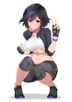  artist_name big_hero_6 black_gloves black_hair breasts brown_eyes bubble_blowing chewing_gum fingerless_gloves full_body gloves gogo_tomago highres medium_breasts multicolored_hair purple_hair short_hair simple_background solo squatting stormcow two-tone_hair underboob v white_background 