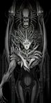  aso_(reciprocating_bicycle) bad_id bad_pixiv_id cowboy_shot green_eyes grey h.r._giger_(style) highres looking_at_viewer lord_boros male_focus monochrome nude one-eyed one-punch_man parody skull solo spiked_hair style_parody tube 