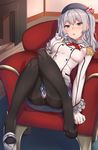  armchair black_legwear blue_eyes blue_skirt blush bow bowtie breasts chair collar epaulettes feet fireplace frilled_sleeves frills full_body gloves hair_twirling hat hat_bow highres indoors kantai_collection kashima_(kantai_collection) kneehighs knees_together_feet_apart kyuuso_inukami large_breasts long_legs looking_at_viewer military military_uniform miniskirt pantyhose parted_lips playing_with_own_hair pleated_skirt red_bow red_neckwear shoes short_hair silver_hair single_shoe sitting skirt solo tsurime two_side_up uniform white_gloves wooden_floor 