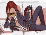  alternate_breast_size braid crimson_viper dark_skin earrings flat_chest glasses gloves gloves_removed jewelry long_hair mature mouth_hold necktie open_clothes open_shirt pompadour red_hair shirt single_glove solo street_fighter street_fighter_iv_(series) sunglasses yanagida_fumita 