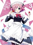  apron black_legwear blue_eyes copyright_name food fruit grisaia_(series) grisaia_no_kajitsu highres komine_sachi looking_at_viewer maid_apron maid_headdress one_eye_closed pink_hair solo thighhighs 