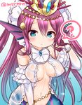  ? bracelet breasts bridal_gauntlets circlet covered_nipples elbow_gloves gloves head_fins headdress jewelry long_hair marshmallow_mille medium_breasts navel open_clothes open_shirt purple_hair puzzle_&amp;_dragons shirt siren_(p&amp;d) solo spoken_question_mark tiara twitter_username 