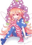  american_flag american_flag_dress american_flag_legwear beni_shake blonde_hair blush clownpiece dress fairy fairy_wings frilled_shirt_collar frills full_body hat jester_cap legs long_hair looking_at_viewer neck_ruff open_mouth pantyhose polka_dot red_eyes shirt short_sleeves simple_background solo star striped striped_dress striped_legwear touhou very_long_hair white_background wings 