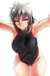  all_fours bare_arms blue_eyes breasts covered_nipples dated hanging_breasts large_breasts looking_at_viewer original short_hair silver_hair simple_background skin_tight solo swimsuit thigh_gap tsuki_tokage water wavy_mouth wet white_background 