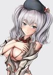  arm_at_side bad_id bad_pixiv_id bangs beret blush breast_suppress breasts cleavage closed_mouth collared_shirt covering covering_breasts eyebrows eyebrows_visible_through_hair grey_background grey_eyes grey_hair grey_shirt hat kantai_collection kashima_(kantai_collection) large_breasts long_sleeves looking_at_viewer nannacy7 shirt silver_hair simple_background smile solo striped torn_clothes twintails upper_body wavy_hair 