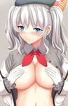  blue_eyes blush breasts covering_nipples gloves hat highres kantai_collection kashima_(kantai_collection) large_breasts md5_mismatch open_clothes open_shirt shinyashiki shirt silver_hair solo twintails 