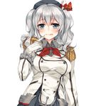  :p ascot breasts epaulettes finger_to_mouth gloves grey_eyes hat kantai_collection kashima_(kantai_collection) large_breasts long_sleeves looking_at_viewer military military_uniform pleated_skirt rinarisa shirt silver_hair skirt solo tareme tongue tongue_out twintails uniform white_gloves 