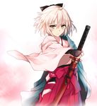  ahoge armor bangs black_bow blonde_hair bow brown_eyes closed_mouth cowboy_shot eyebrows eyebrows_visible_through_hair fate_(series) floral_print gradient gradient_background hair_between_eyes hair_bow hakama half_updo haori holding holding_sword holding_weapon jacket_on_shoulders japanese_armor japanese_clothes katana kimono koha-ace kote kurokote long_sleeves looking_at_viewer meiji_schoolgirl_uniform okita_souji_(fate) okita_souji_(fate)_(all) pink_background purple_hakama sheath sheathed short_hair solo sword tsuedzu weapon white_hair wide_sleeves 