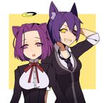  animal_ears bad_id bad_pixiv_id cat_ears checkered checkered_neckwear dog_ears eyepatch fang grin hi-inu highres kantai_collection kemonomimi_mode looking_at_viewer mechanical_halo mole mole_under_eye multiple_girls necktie open_mouth purple_eyes purple_hair ribbon sharp_teeth short_hair smile tatsuta_(kantai_collection) teeth tenryuu_(kantai_collection) yellow_eyes 