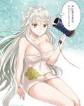  arm_support breasts colored_eyelashes drying drying_hair eko hair_down impossible_towel kantai_collection large_breasts long_hair looking_at_viewer naked_towel off_shoulder solo towel translation_request unryuu_(kantai_collection) very_long_hair wavy_hair yellow_eyes 