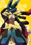  arms_at_sides closed_mouth cowboy_shot gen_4_pokemon highres honeycomb_(pattern) honeycomb_background looking_up lucario mega_lucario mega_pokemon no_humans pokemon pokemon_(creature) red_eyes serious shion_mao standing 
